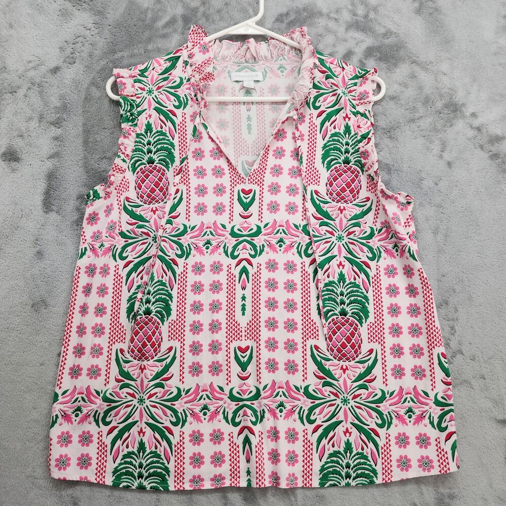 Charter Club Top Womens M Pink Green Pineapple Tropical Sleeveless Ruffles‎ Tie
